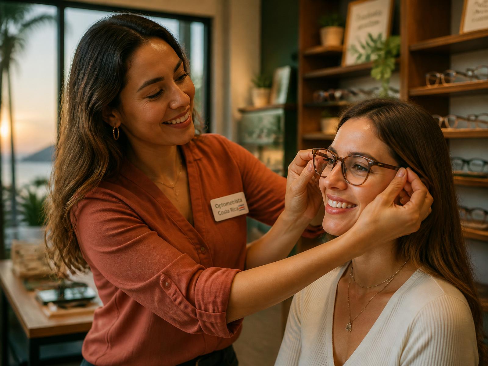 Optometrista costarricense atendiendo a una clienta en su óptica